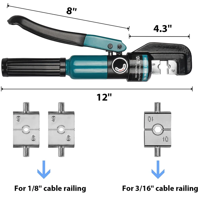 Alt view image 5 of 7 - Hydraulic Crimping Tool for 1/8"-3/16" Cable Railing Kits, 10-Ton Crimper 3 Hardened Dies, One-Hand Use, Hydraulic Crimper for Cable Railing Hardware, Wire & Battery Cable Crimping 12-2/0 AWG DC02