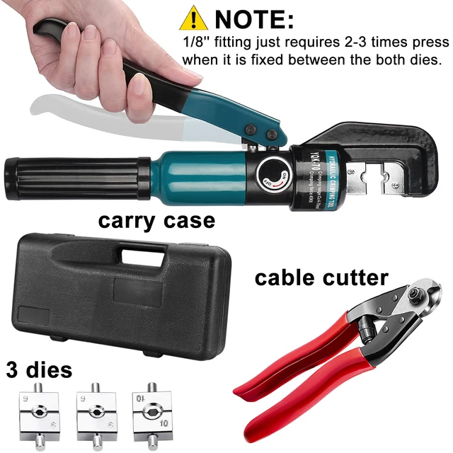 Alt view image 6 of 7 - Hydraulic Crimping Tool for 1/8"-3/16" Cable Railing Kits, 10-Ton Crimper 3 Hardened Dies, One-Hand Use, Hydraulic Crimper for Cable Railing Hardware, Wire & Battery Cable Crimping 12-2/0 AWG DC02