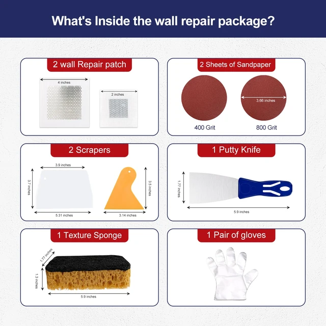 Alt view image 3 of 7 - 8.6Oz Drywall Patch Repair Kit Professional All-in-1 Tool Set Includes Scrapers, Sandpaper, Putty Knife, Texture Sponge, Gloves, And Aluminum Patches. For Fast Wall Hole Repair