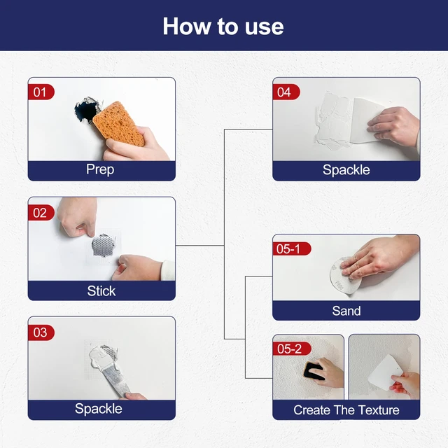 Alt view image 5 of 7 - 8.6Oz Drywall Patch Repair Kit Professional All-in-1 Tool Set Includes Scrapers, Sandpaper, Putty Knife, Texture Sponge, Gloves, And Aluminum Patches. For Fast Wall Hole Repair