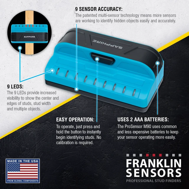 Alt view image 3 of 5 - ProSensor Sapphire 9000 9-Sensor Stud Finder Wall Scanner Accurate Wood and Metal Stud Detector, Made in the USA, Shows Full Width of Studs, No Calibration Required