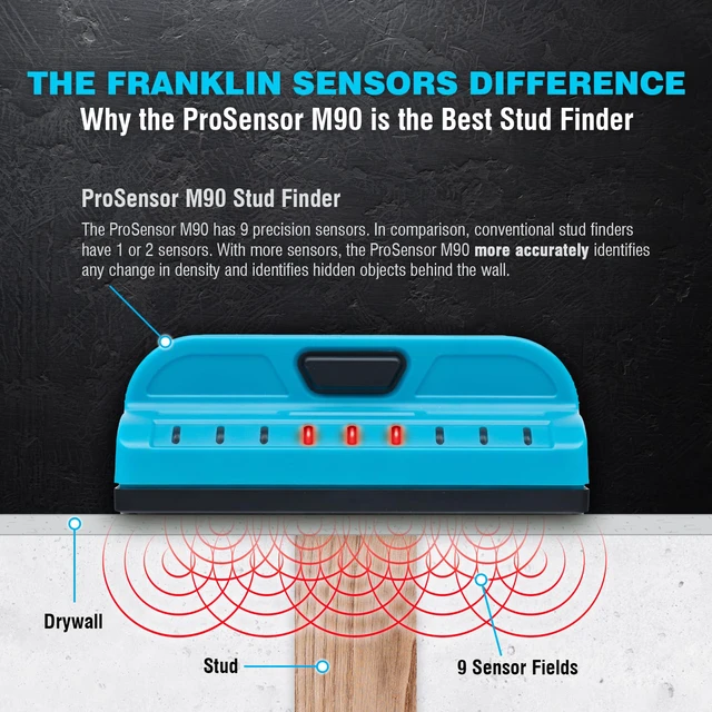 Alt view image 4 of 5 - ProSensor Sapphire 9000 9-Sensor Stud Finder Wall Scanner Accurate Wood and Metal Stud Detector, Made in the USA, Shows Full Width of Studs, No Calibration Required