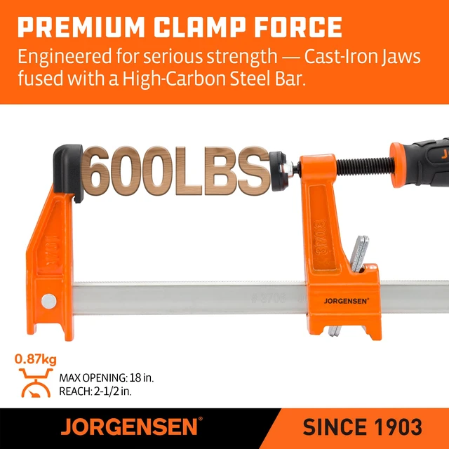 Alt view image 3 of 7 - 18" Medium-Duty Steel Bar Clamp Set, 600 lbs Load Limit, 2-Pack F Clamps for Woodworking, Metalworking and DIY Projects