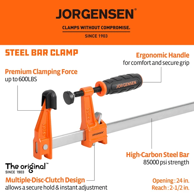 Alt view image 2 of 7 - 24" Medium-Duty Steel Bar Clamp Set, 600 lbs Load Limit, 2-Pack F Clamps for Woodworking, Metalworking and DIY Projects