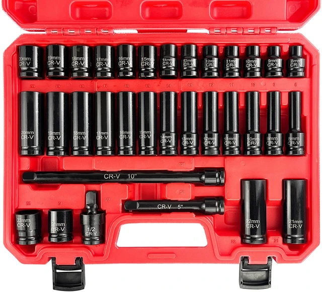 Main image of 33pcs 1/2" Impact Socket Set (8-22mm), Metric Socket Set, Cr-V Steel, 6 Point Deep & Shallow Sockets, with 5" 10" Extension Bars and 1/2" Universal Joint