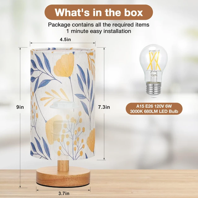 Alt view image 3 of 7 - Small Table Lamps (Ginkgo Cream Shade, 9" Inline Control) 3000K LED Blub Included 680 Lumens Easy Assembly Minimalist Design E26 for Kitchen for Kids Room