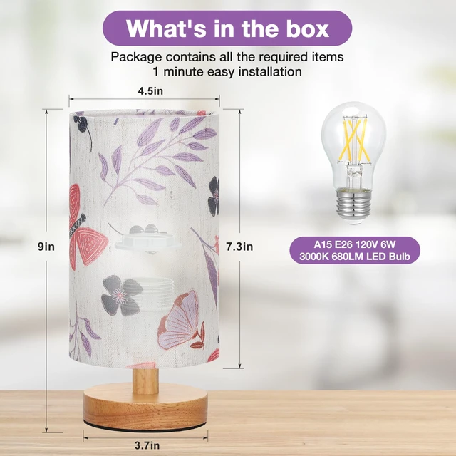 Alt view image 3 of 7 - Small Table Lamps (Butterfly Cream Shade, 9" Inline Control) 3000K LED Blub Included 680 Lumens Easy Assembly Minimalist Design E26 for Kitchen for Kids Room