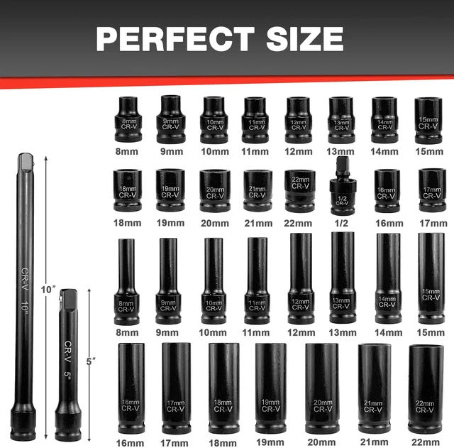 Alt view image 2 of 7 - 33pcs 1/2" Impact Socket Set (8-22mm), Metric Socket Set, Cr-V Steel, 6 Point Deep & Shallow Sockets, with 5" 10" Extension Bars and 1/2" Universal Joint