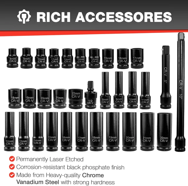 Alt view image 4 of 7 - 33pcs 1/2" Impact Socket Set (8-22mm), Metric Socket Set, Cr-V Steel, 6 Point Deep & Shallow Sockets, with 5" 10" Extension Bars and 1/2" Universal Joint