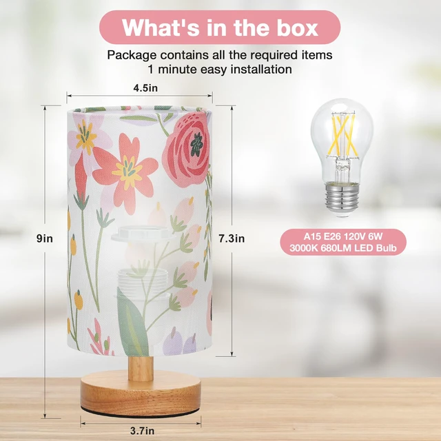 Alt view image 3 of 7 - Small Table Lamps (Floral White Shade, 9" Inline Control) 3000K LED Blub Included 680 Lumens Easy Assembly Minimalist Design E26 for Kitchen for Kids Room