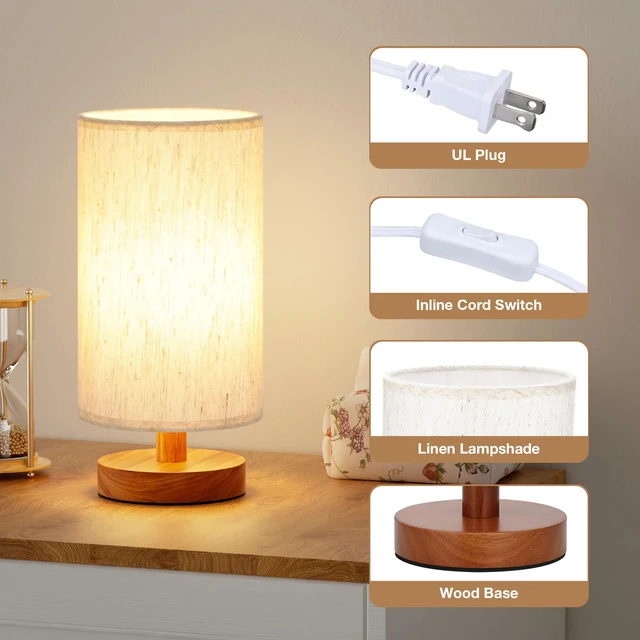 Alt view image 2 of 7 - Small Table Lamps (Cream Shade - Walnut Base, 9" Inline Control) 3000K LED Blub Included 680 Lumens Easy Assembly Minimalist Design E26 for Kitchen for Kids Room