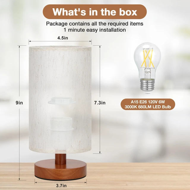 Alt view image 3 of 7 - Small Table Lamps (Cream Shade - Walnut Base, 9" Inline Control) 3000K LED Blub Included 680 Lumens Easy Assembly Minimalist Design E26 for Kitchen for Kids Room