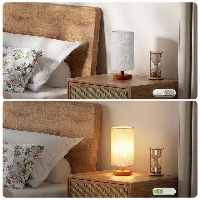 Alt view image 4 of 7 - Small Table Lamps (Cream Shade - Walnut Base, 9" Inline Control) 3000K LED Blub Included 680 Lumens Easy Assembly Minimalist Design E26 for Kitchen for Kids Room