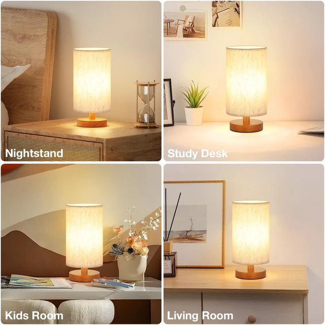 Alt view image 7 of 7 - Small Table Lamps (Cream Shade - Walnut Base, 9" Inline Control) 3000K LED Blub Included 680 Lumens Easy Assembly Minimalist Design E26 for Kitchen for Kids Room