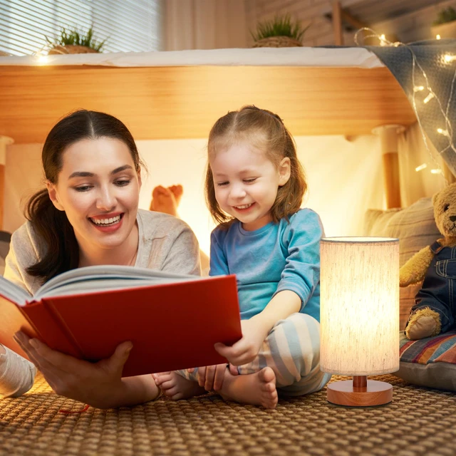 Alt view image 5 of 7 - Small Table Lamps (Cream Shade - Walnut Base, 9" Inline Control) 3000K LED Blub Included 680 Lumens Easy Assembly Minimalist Design E26 for Kitchen for Kids Room