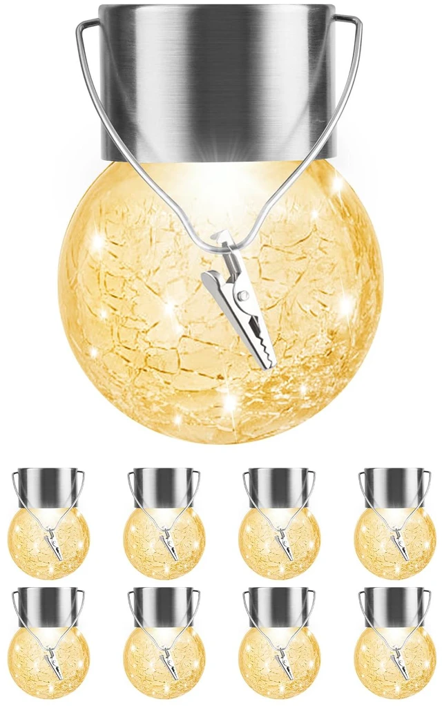 Main image of Solar Lights Outdoor Hanging Decorative Globe 8 Pack, Waterproof Solar Lantern with Handle and Clip, Solar Powered Glass Ball Lights for Garden Yard Fence Tree Umbrella Holiday Décor, Warm White