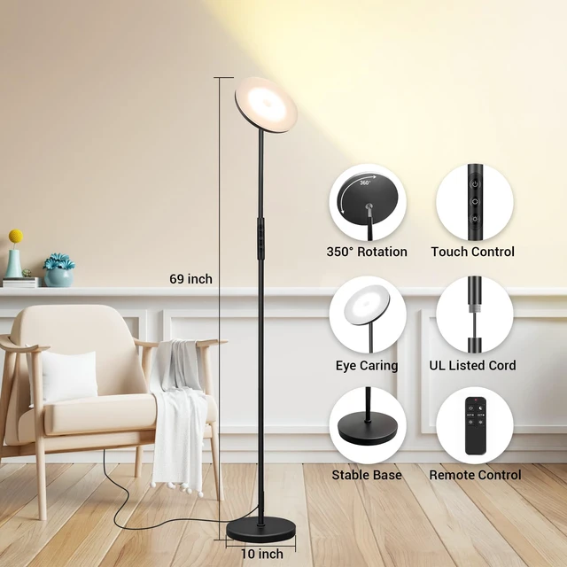 Alt view image 5 of 6 - Upgraded Torchiere Floor Lamp,36W 3600LM Super Bright LED Floor Lamp for Living Room Bedroom Office, Dimmable Modern Standing Tall Lamp with Remote & Touch Control
