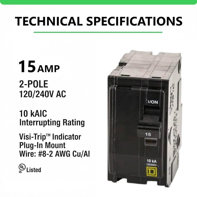 Alt view image 2 of 7 - Genuine Square D QO215 15 Amp Double Pole Circuit Breaker Kit UL Listed, Plug-On Replacement for QO Load Center Panel Box, 15A, 120/240V, 10kAIC, 15Amp, 2 Pole QO Circuit Breaker, 1 Pack
