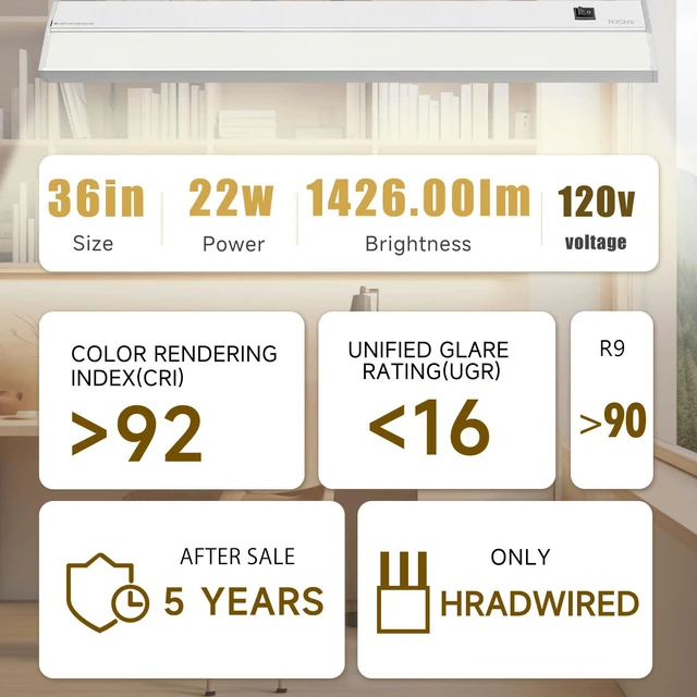 Alt view image 2 of 7 - Hardwired Under Cabinet Lighting, 36in 22W LED Light for Kitchen/Closet, 1426lm, CRI>92, R9>90, Dimmable, 5 Color Temperature, 2700K-5000K(Warm White, Cool White, Daylight)