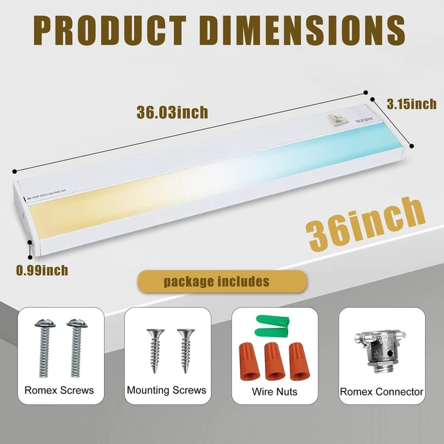 Alt view image 7 of 7 - Hardwired Under Cabinet Lighting, 36in 22W LED Light for Kitchen/Closet, 1426lm, CRI>92, R9>90, Dimmable, 5 Color Temperature, 2700K-5000K(Warm White, Cool White, Daylight)
