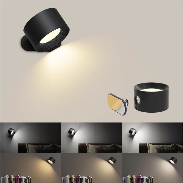 Main image of Battery Operated Wall Sconce, LED Reading Light, 360-Degree Rotation Magnetic Mounting Rechargeable Cordless Wall Lights with Dimmable 3 Color Temps Touch Control for Bedroom Hallway, 1 Pack