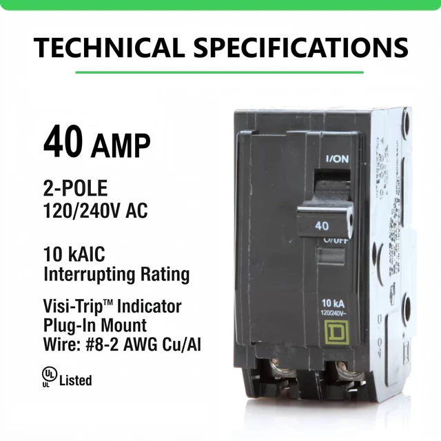 Alt view image 2 of 7 - Genuine Square D QO240 40 Amp Double Pole Circuit Breaker Kit UL Listed, Plug-On Replacement for QO Load Center Panel Box, 40A, 120/240V, 10kAIC, 40Amp, 2 Pole QO Circuit Breaker, 1 Pack