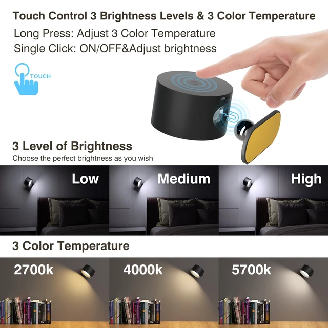Alt view image 4 of 6 - Battery Operated Wall Sconce, LED Reading Light, 360-Degree Rotation Magnetic Mounting Rechargeable Cordless Wall Lights with Dimmable 3 Color Temps Touch Control for Bedroom Hallway, 1 Pack
