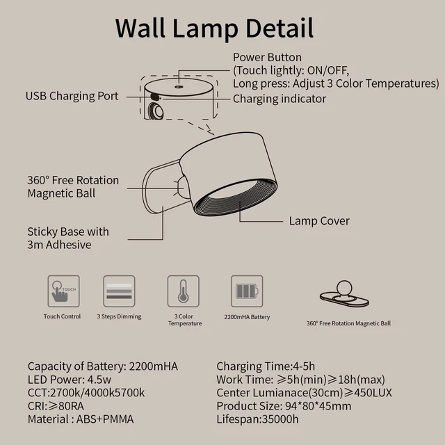 Alt view image 5 of 6 - Battery Operated Wall Sconce, LED Reading Light, 360-Degree Rotation Magnetic Mounting Rechargeable Cordless Wall Lights with Dimmable 3 Color Temps Touch Control for Bedroom Hallway, 1 Pack