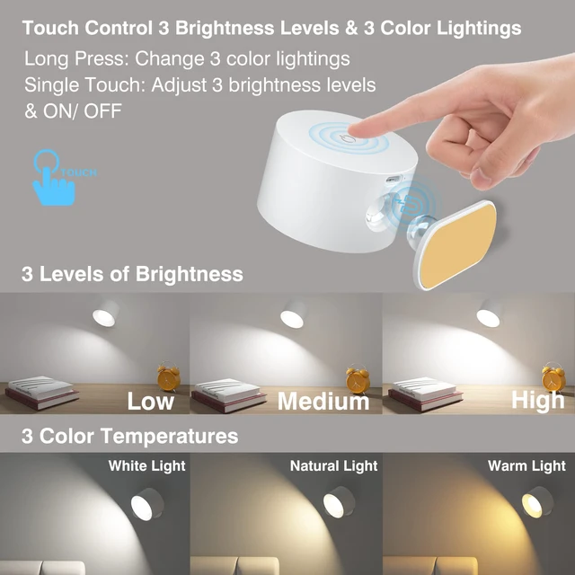 Alt view image 4 of 6 - LED Reading Light, Rechargeable Battery Operated Wall Sconce with 360-Degree Rotation Magnetic Mounting, Dimmable 3 Color Temps Touch Control Cordless Wall Lights for Bedroom Bedside, 1 Pack