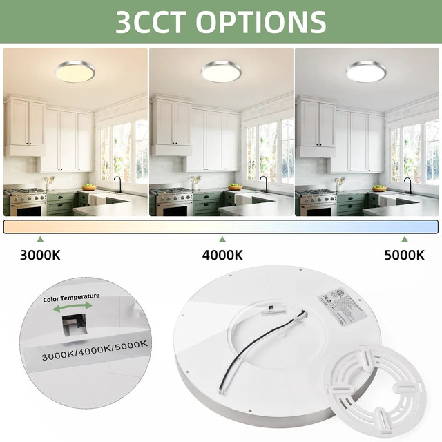 Alt view image 3 of 7 - 12 Inch Selectable CCT LED Round Flat Panel Light,24W,2400LM 3000K/4000K/5000K, Edge-Lit Flush Mount Ceiling Light Fixture for Kitchen, Bedroom, Laundry and Closet Room,Brush Nickel
