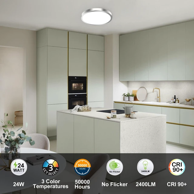 Alt view image 7 of 7 - 12 Inch Selectable CCT LED Round Flat Panel Light,24W,2400LM 3000K/4000K/5000K, Edge-Lit Flush Mount Ceiling Light Fixture for Kitchen, Bedroom, Laundry and Closet Room,Brush Nickel