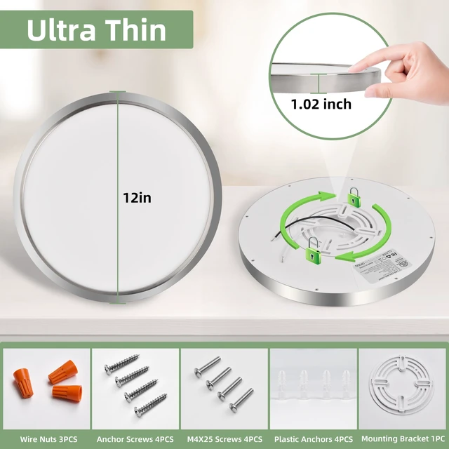 Alt view image 6 of 7 - 12 Inch Selectable CCT LED Round Flat Panel Light,24W,2400LM 3000K/4000K/5000K, Edge-Lit Flush Mount Ceiling Light Fixture for Kitchen, Bedroom, Laundry and Closet Room,Brush Nickel