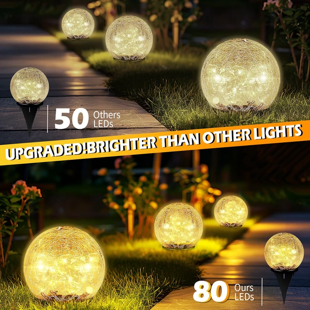 Alt view image 2 of 7 - Garden Solar Ball Lights Outdoor Waterproof 80LED Cracked Glass Globe 5.9'' 2 Pack Solar Power Ground Lights for Path Yard Patio Lawn, Christmas Decoration Landscape Warm White