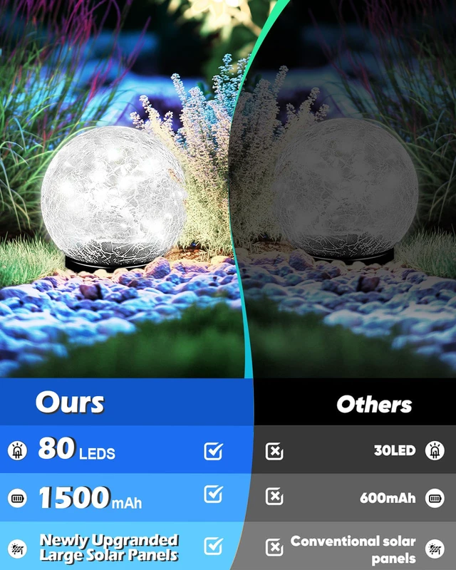 Alt view image 3 of 6 - Garden Solar Ball Lights Outdoor Waterproof, 80 LED Cracked Glass Globe Ground Lights for Path Yard Patio Lawn, Outdoor Decoration Landscape White (2 Pack 5.9'')