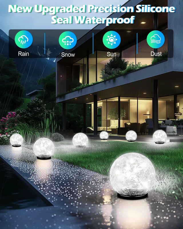 Alt view image 4 of 6 - Garden Solar Ball Lights Outdoor Waterproof, 80 LED Cracked Glass Globe Ground Lights for Path Yard Patio Lawn, Outdoor Decoration Landscape White (2 Pack 5.9'')