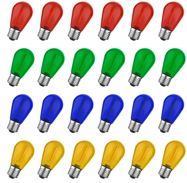 Main image of Colored Light Bulbs 24 Pack, S14 Bulbs for Outdoor String Lights 1W Waterproof Multi-Color LED Edison Replacement Bulbs for Patio Porch Backyard Party Light, E26 Base, Red/Green/Blue/Orange