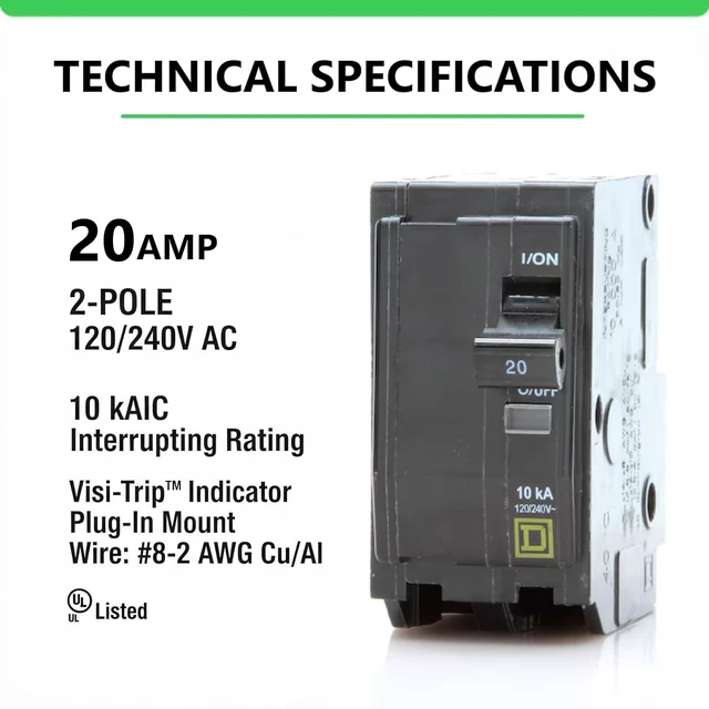 Alt view image 2 of 7 - Genuine Square D QO220 20 Amp Double Pole Circuit Breaker Kit UL Listed, Plug-On Replacement for QO Load Center Panel Box, 20A, 120/240V, 10kAIC, 20Amp, 2 Pole QO Circuit Breaker, 1 Pack