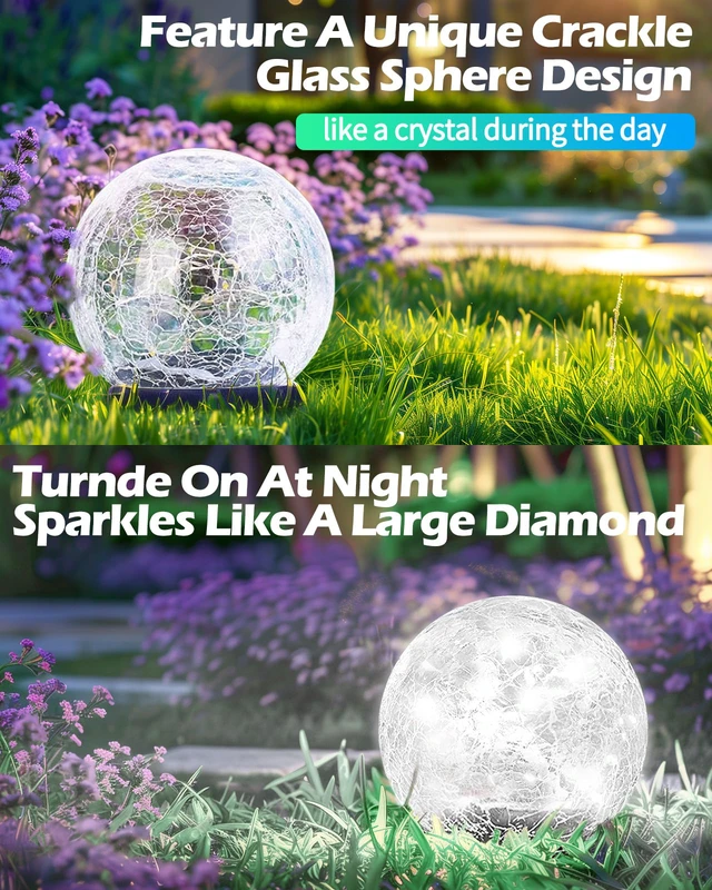 Alt view image 5 of 6 - Garden Solar Ball Lights Outdoor Waterproof, 80 LED Cracked Glass Globe Ground Lights for Path Yard Patio Lawn, Outdoor Decoration Landscape White (2 Pack 5.9'')