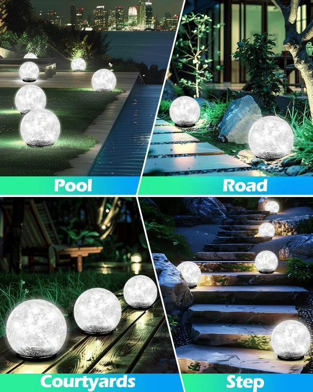 Alt view image 6 of 6 - Garden Solar Ball Lights Outdoor Waterproof, 80 LED Cracked Glass Globe Ground Lights for Path Yard Patio Lawn, Outdoor Decoration Landscape White (2 Pack 5.9'')