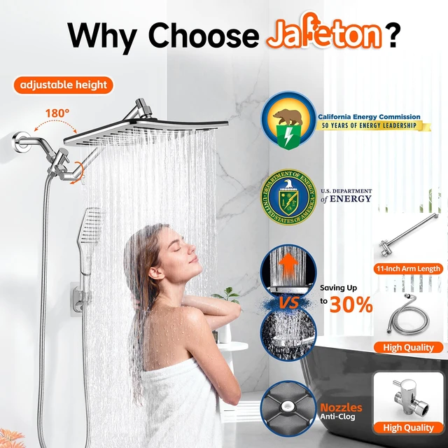 Alt view image 3 of 6 - XXL 12.2" Rain Shower Head with Handheld Spray, High Pressure Combo Height adjustable dual shower system with rainfall showerhead and handheld spray for bathroom upgrades and easy rinsing