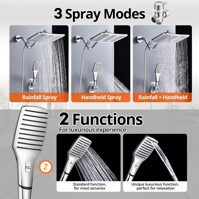 Alt view image 4 of 6 - XXL 12.2" Rain Shower Head with Handheld Spray, High Pressure Combo Height adjustable dual shower system with rainfall showerhead and handheld spray for bathroom upgrades and easy rinsing