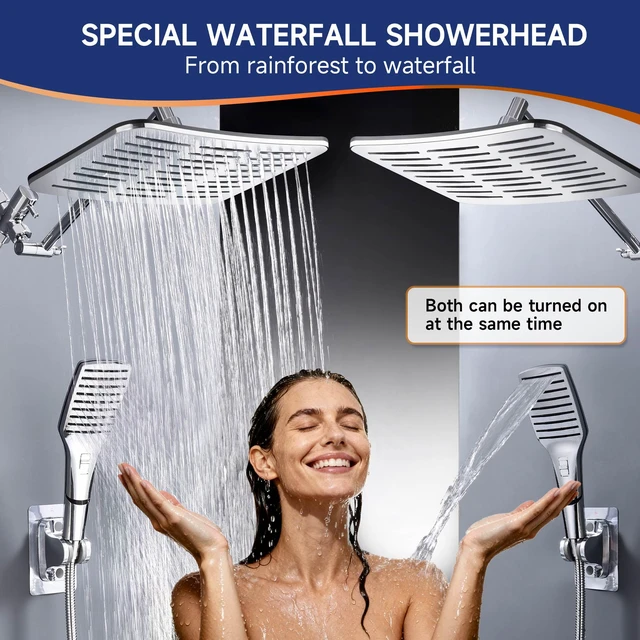 Alt view image 5 of 6 - XXL 12.2" Rain Shower Head with Handheld Spray, High Pressure Combo Height adjustable dual shower system with rainfall showerhead and handheld spray for bathroom upgrades and easy rinsing