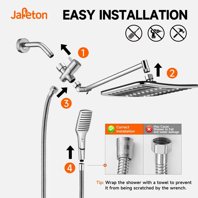 Alt view image 6 of 6 - XXL 12.2" Rain Shower Head with Handheld Spray, High Pressure Combo Height adjustable dual shower system with rainfall showerhead and handheld spray for bathroom upgrades and easy rinsing