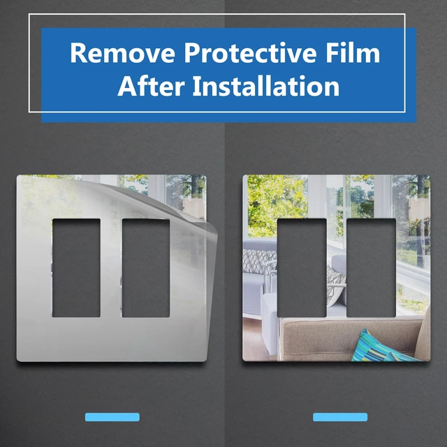 Alt view image 4 of 7 - Double Decorator Wall Plate, Impact Resistant, Mirror Glass Silver Reflective, Plexiglass, Screwless, Mid-Size, Tough And Heat Resistant, Easy Installation, Modern And Sophisticated