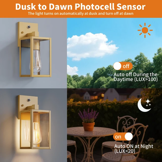 Alt view image 2 of 7 - 2 Pack Gold Dusk to Dawn Outdoor Front Porch Light Fixtures Wall Mount, Sensor Exterior Lantern Lamp, Outside Lights for House, Waterproof Wall Sconce, Anti Rust Coach Light for Garage Entryway