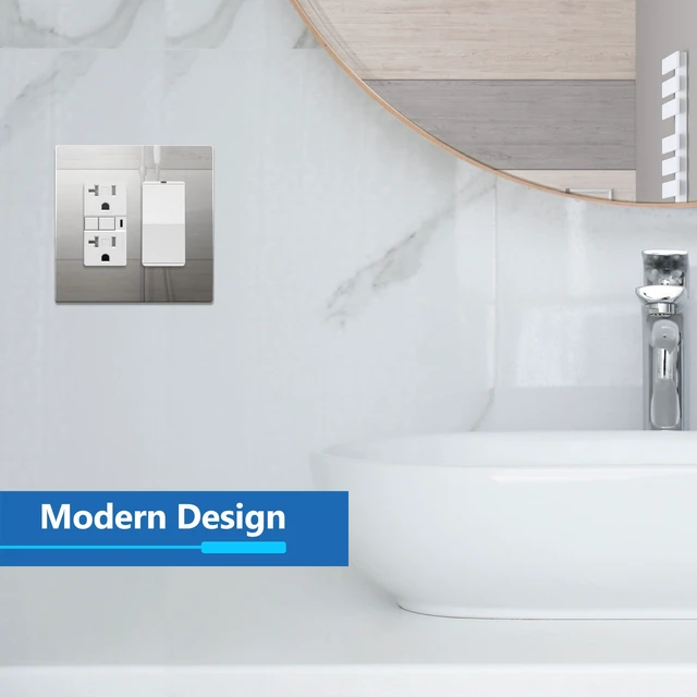 Alt view image 5 of 7 - Double Decorator Wall Plate, Impact Resistant, Mirror Glass Silver Reflective, Plexiglass, Screwless, Mid-Size, Tough And Heat Resistant, Easy Installation, Modern And Sophisticated
