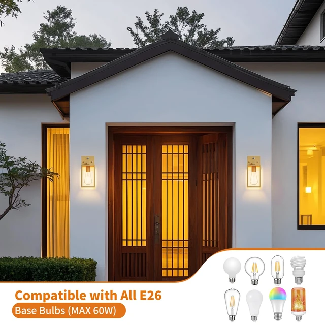 Alt view image 5 of 7 - 2 Pack Gold Dusk to Dawn Outdoor Front Porch Light Fixtures Wall Mount, Sensor Exterior Lantern Lamp, Outside Lights for House, Waterproof Wall Sconce, Anti Rust Coach Light for Garage Entryway