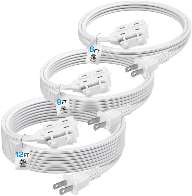Main image of 3-Outlet Indoor Extension Cord, 6/9/12 ft Variety 3-Pack, 16/2 SPT-2, 2 Prong Polarized Plug, White Household Power Cord for Home, Office & Holiday Decorations