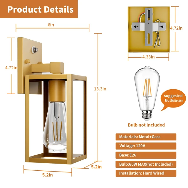 Alt view image 6 of 7 - 2 Pack Gold Dusk to Dawn Outdoor Front Porch Light Fixtures Wall Mount, Sensor Exterior Lantern Lamp, Outside Lights for House, Waterproof Wall Sconce, Anti Rust Coach Light for Garage Entryway