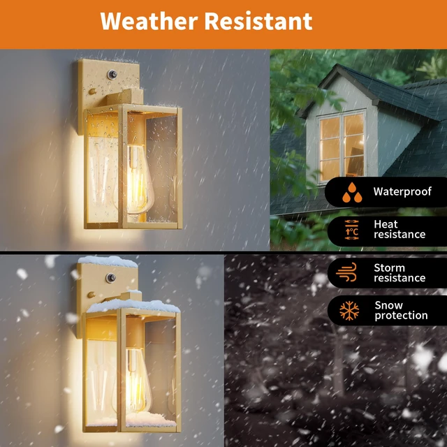 Alt view image 4 of 7 - 2 Pack Gold Dusk to Dawn Outdoor Front Porch Light Fixtures Wall Mount, Sensor Exterior Lantern Lamp, Outside Lights for House, Waterproof Wall Sconce, Anti Rust Coach Light for Garage Entryway
